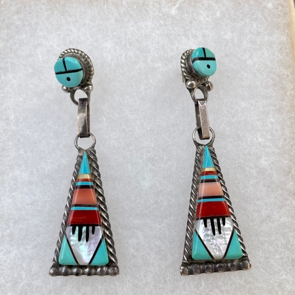 W&C Niiha Zuni signed Earrings w/ turquoise, abalone, etc. - Picture 1 of 2